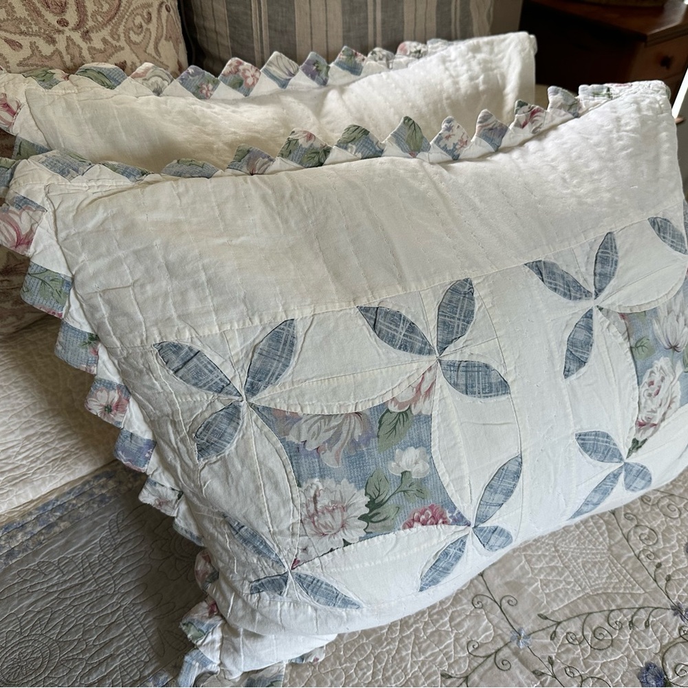 Set of 2 Vintage Floral Patchwork Quilted Pillow Shams with Ruffled Edges